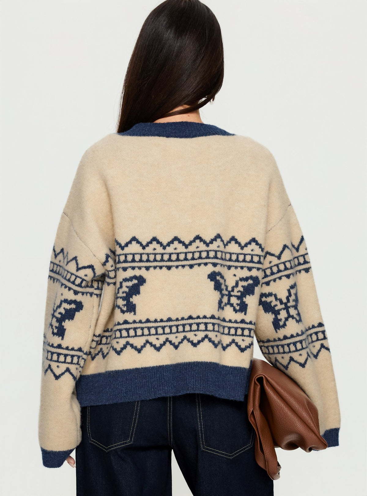 back view of model wearing Princess Polly Wynoni Alpine Knit Cardigan Beige / Navy Longline Jumpers Jumpers 