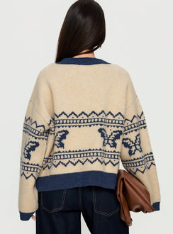 back view of model wearing Princess Polly Wynoni Alpine Knit Cardigan Beige / Navy Longline Jumpers Jumpers 