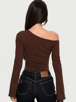 back view of model wearing Princess Polly Raissa Cut Out One Shoulder Bodysuit Brown Long Sleeve Tops Bodysuit 