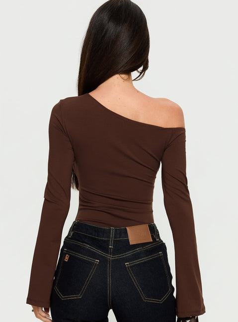 back view of model wearing Princess Polly Raissa Cut Out One Shoulder Bodysuit Brown Long Sleeve Tops Bodysuit 