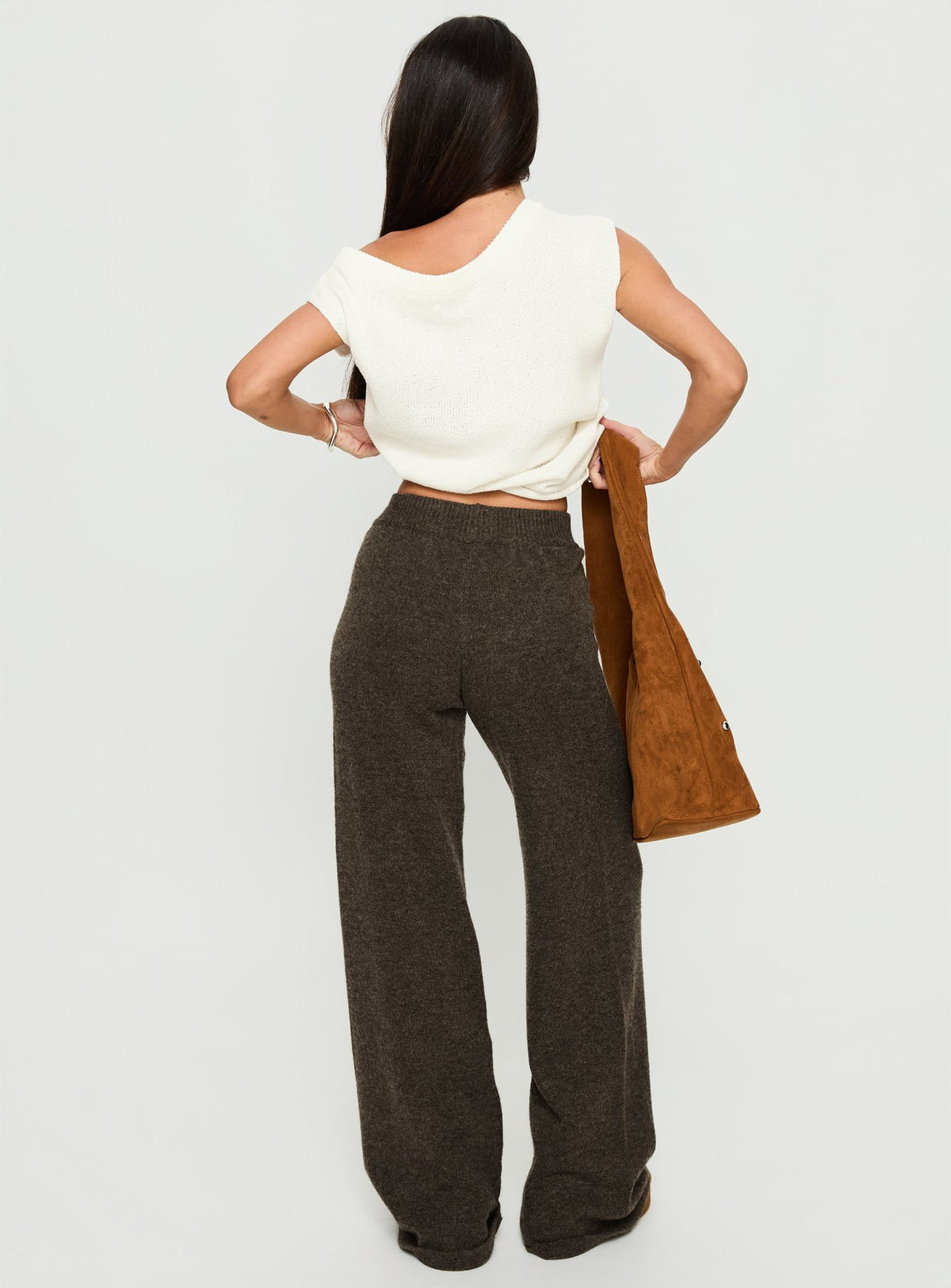 back view of model wearing Princess Polly Karee Knit Pants Brown High Rise Pants Pants 