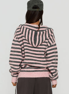 Displaying the Aubry Oversized True Knit Hoodie Pink Stripe womens-jumpers in short length back view of model wearing Princess Polly