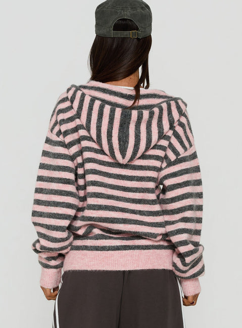 Displaying the Aubry Oversized True Knit Hoodie Pink Stripe womens-jumpers in short length back view of model wearing Princess Polly