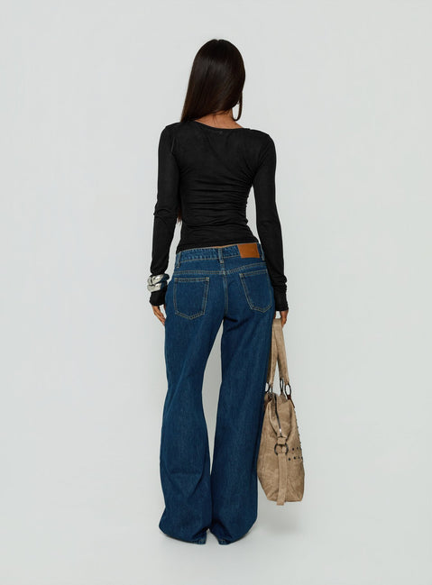 Presenting Tidal Wave Low Rise Straight Leg Jeans Dark Blue Wash in womens-jeans back view of model wearing Princess Polly