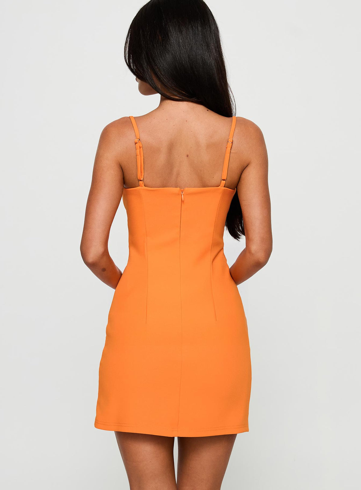 back view of model wearing Princess Polly Someone You Love Mini Dress Orange Sweetheart Neckline 