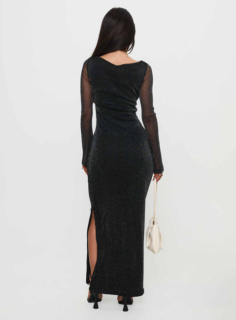 back view of model wearing Princess Polly Allegoria Long Sleeve Maxi Dress Black Glitter Scoop Neck 