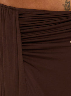 Highlighting the Keerah Ruched Maxi Skirt Brown womens-skirts with maxi length detail Princess Polly