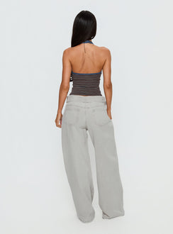 back view of model wearing Princess Polly Katlin Mid Rise Wide Leg Buckle Detail Jeans Grey Wash Mid Rise Jeans Jeans 