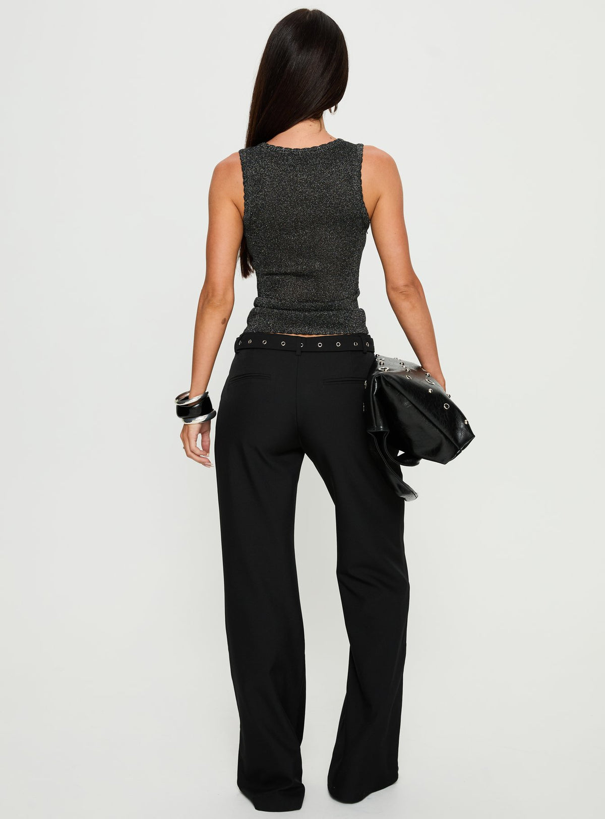back view of model wearing Princess Polly Deonne Straight Leg Buckle Pants Black Mid Rise Pants Pants 