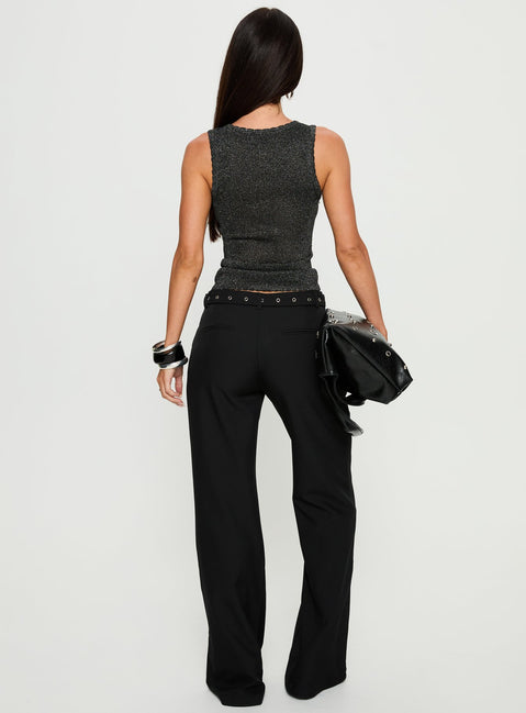 back view of model wearing Princess Polly Deonne Straight Leg Buckle Pants Black Mid Rise Pants Pants 