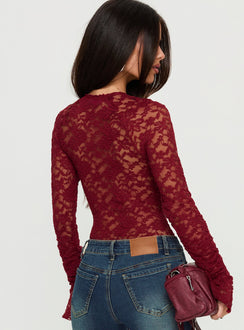 back view of model wearing Princess Polly Giallo Long Sleeve Bodysuit Burgundy Long Sleeve Tops Bodysuit 