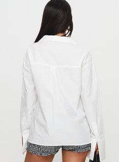 back view of model wearing Princess Polly Calistoga Deep Collar Shirt Ivory Full Sleeves Plunger 
