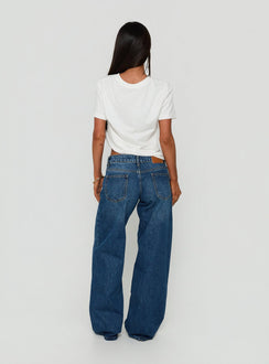 Presenting the Ellanor Low Rise Straight Leg Jeans Vintage Dark Blue in womens-jeans with low-rise waist back view of model wearing Princess Polly
