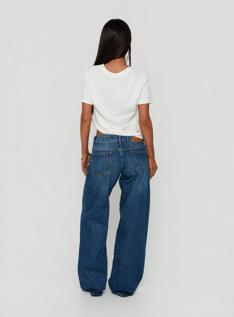 Presenting the Ellanor Low Rise Straight Leg Jeans Vintage Dark Blue in womens-jeans with low-rise waist back view of model wearing Princess Polly