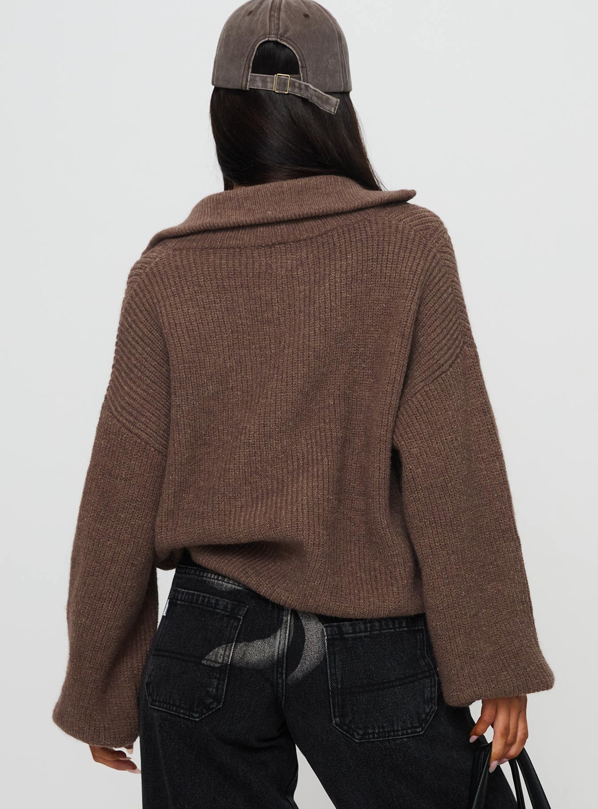 back view of model wearing Princess Polly Hertford Zip Through Knit Sweater Brown Jumpers 