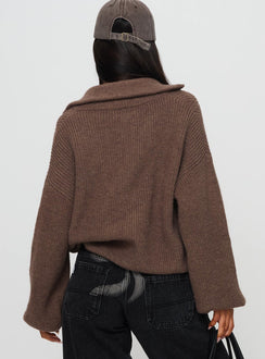 back view of model wearing Princess Polly Hertford Zip Through Knit Sweater Brown Jumpers 