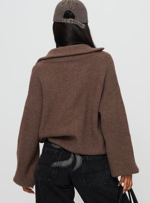 back view of model wearing Princess Polly Hertford Zip Through Knit Sweater Brown Jumpers 