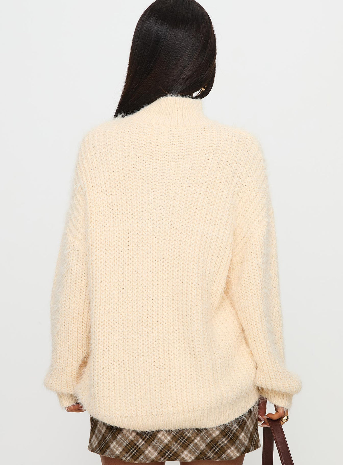 back view of model wearing Princess Polly Abott Sweater Butter Longline Jumpers Jumpers 