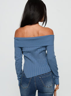 back view of model wearing Princess Polly Brisa Long Sleeve Top Blue Full Sleeves straight 