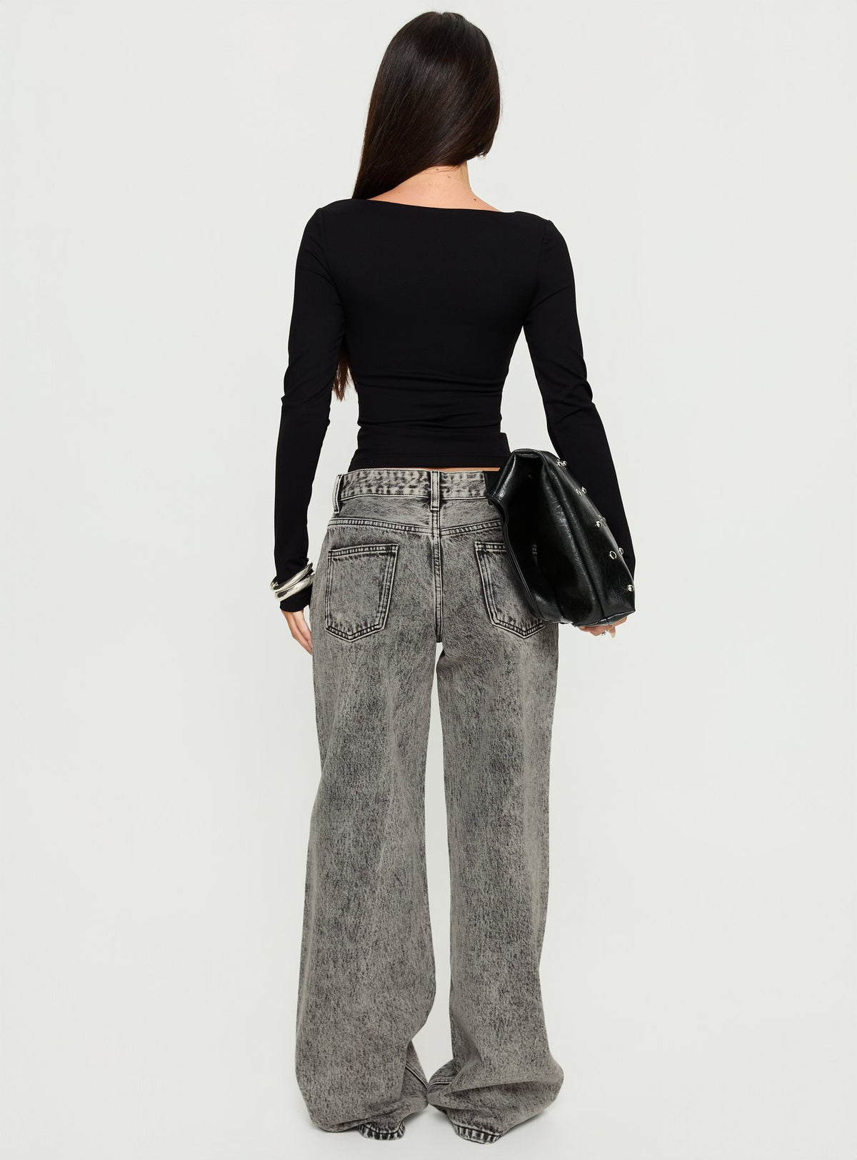 back view of model wearing Princess Polly Serenitia Mid Rise Relaxed Jeans Washed Grey Mid Rise Jeans Jeans 