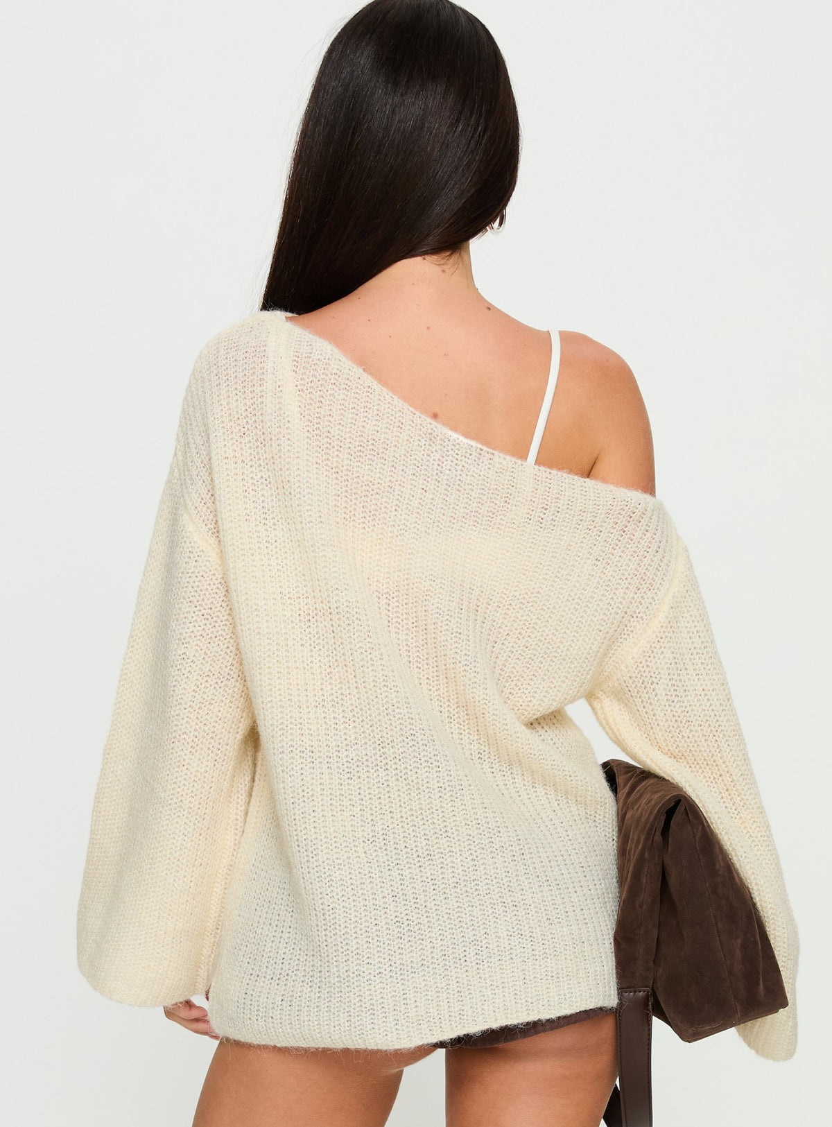 back view of model wearing Princess Polly Delyn Off Shoulder Slouchy Knit Sweater Cream Longline Jumpers Jumpers 