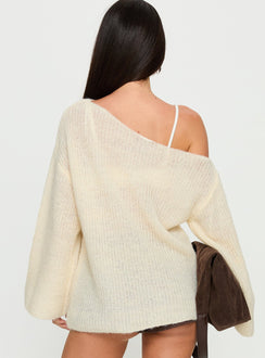 back view of model wearing Princess Polly Delyn Off Shoulder Slouchy Knit Sweater Cream Longline Jumpers Jumpers 
