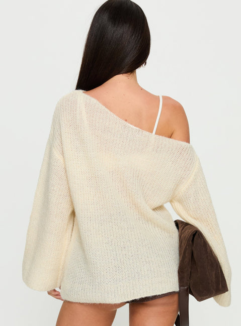 back view of model wearing Princess Polly Delyn Off Shoulder Slouchy Knit Sweater Cream Longline Jumpers Jumpers 