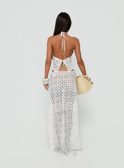 Showcasing the Starting Fresh Crochet Maxi Skirt White womens-skirts with fitted aline cut back view of model wearing