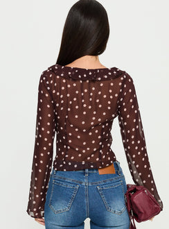 Corazon Sheer Frill Long Sleeve Top Burgundy Polka