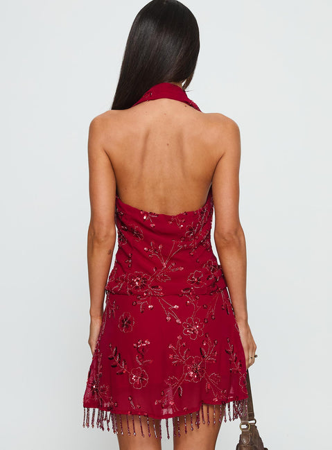 back view of model wearing Princess Polly Twilight Zone Beaded Mini Skirt Red Mini Skirts Skirts 