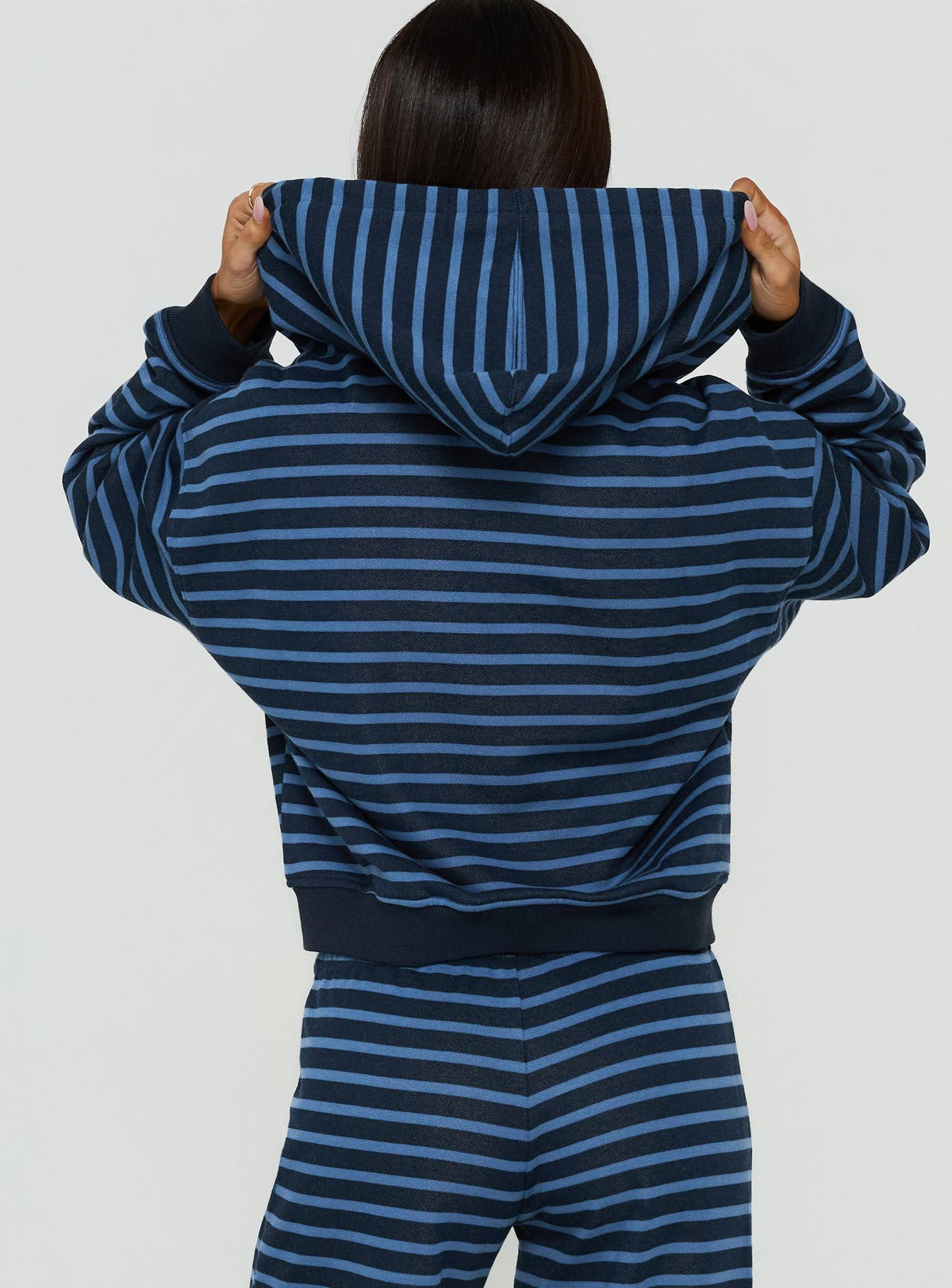 Close-up of the Delaeni Zip Through Hoodie Blue Stripe womens-jumpers in short length back view of model wearing Princess Polly
