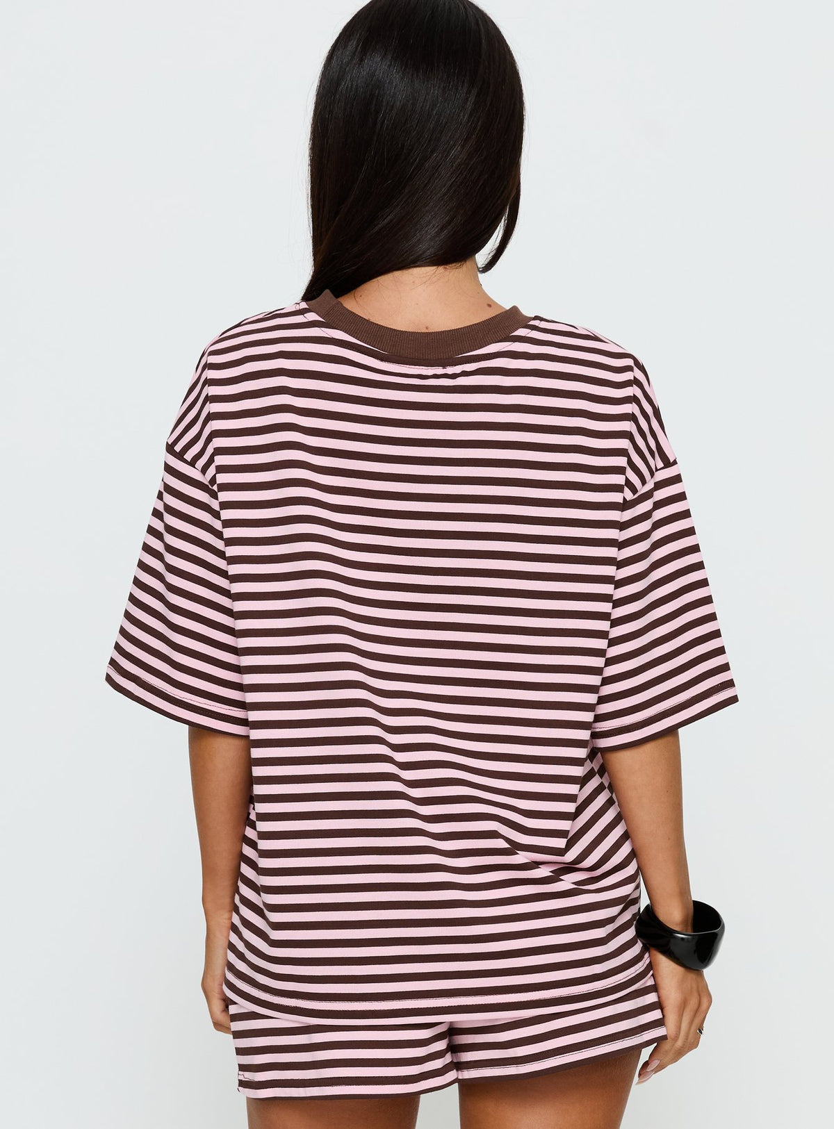 Settle Down Short Sleeve Top Pink / Brown Stripe