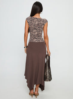 back view of model wearing Princess Polly Futura Asymmetrical Midi Skirt Chocolate Midi Skirts Skirts 