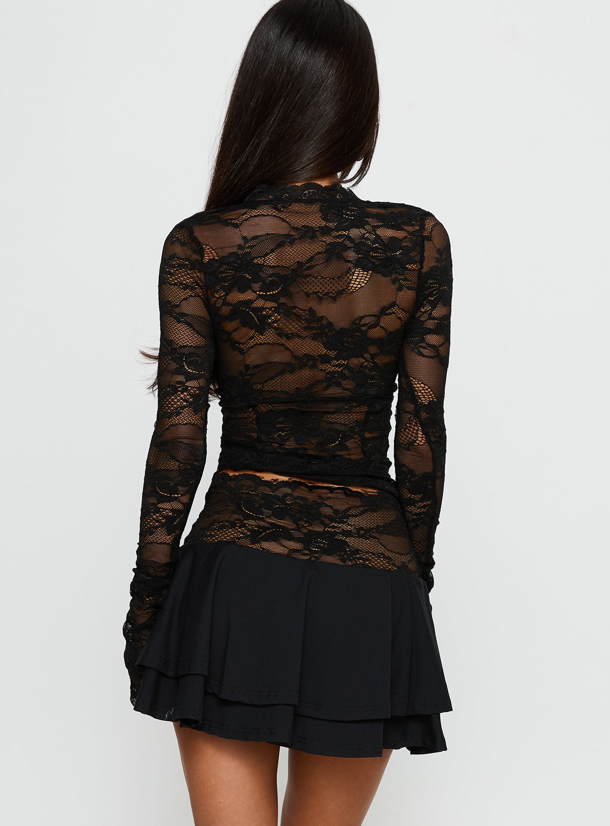 back view of model wearing Princess Polly Kecia Lace Waistband Mini Skirt Black Mini Skirts Skirts 