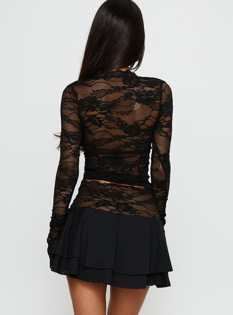 back view of model wearing Princess Polly Kecia Lace Waistband Mini Skirt Black Mini Skirts Skirts 