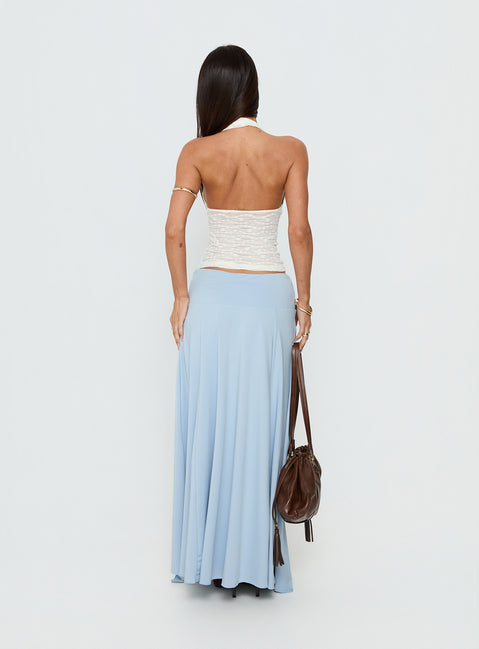 back view of model wearing Princess Polly Nola Hardware Slit Maxi Skirt Blue Maxi Skirts Skirts 