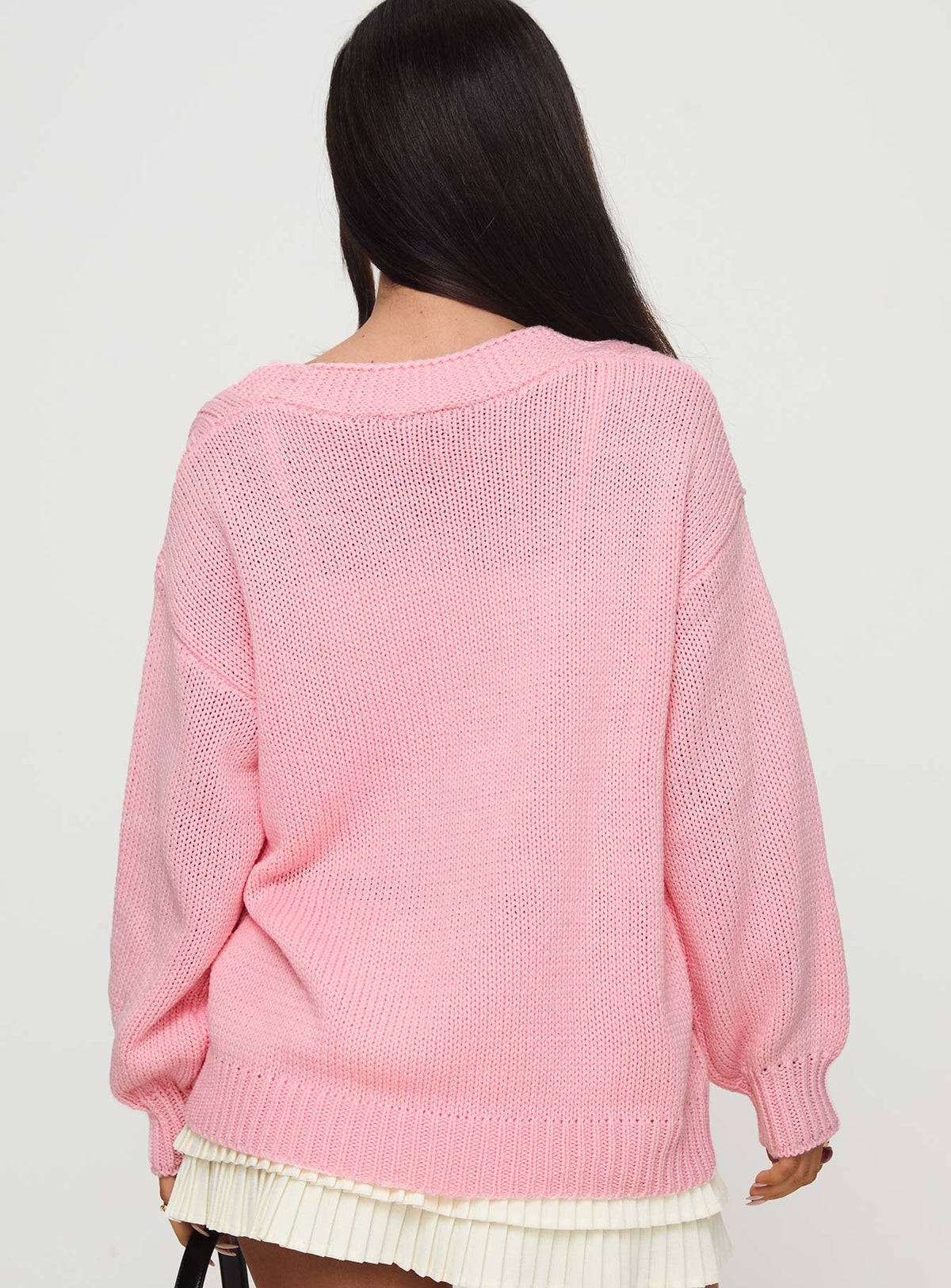 back view of model wearing Princess Polly Sezza Cable Knit Cardigan Baby Pink Longline Jumpers Jumpers 