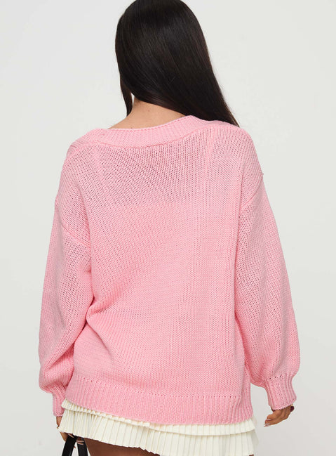 back view of model wearing Princess Polly Sezza Cable Knit Cardigan Baby Pink Longline Jumpers Jumpers 