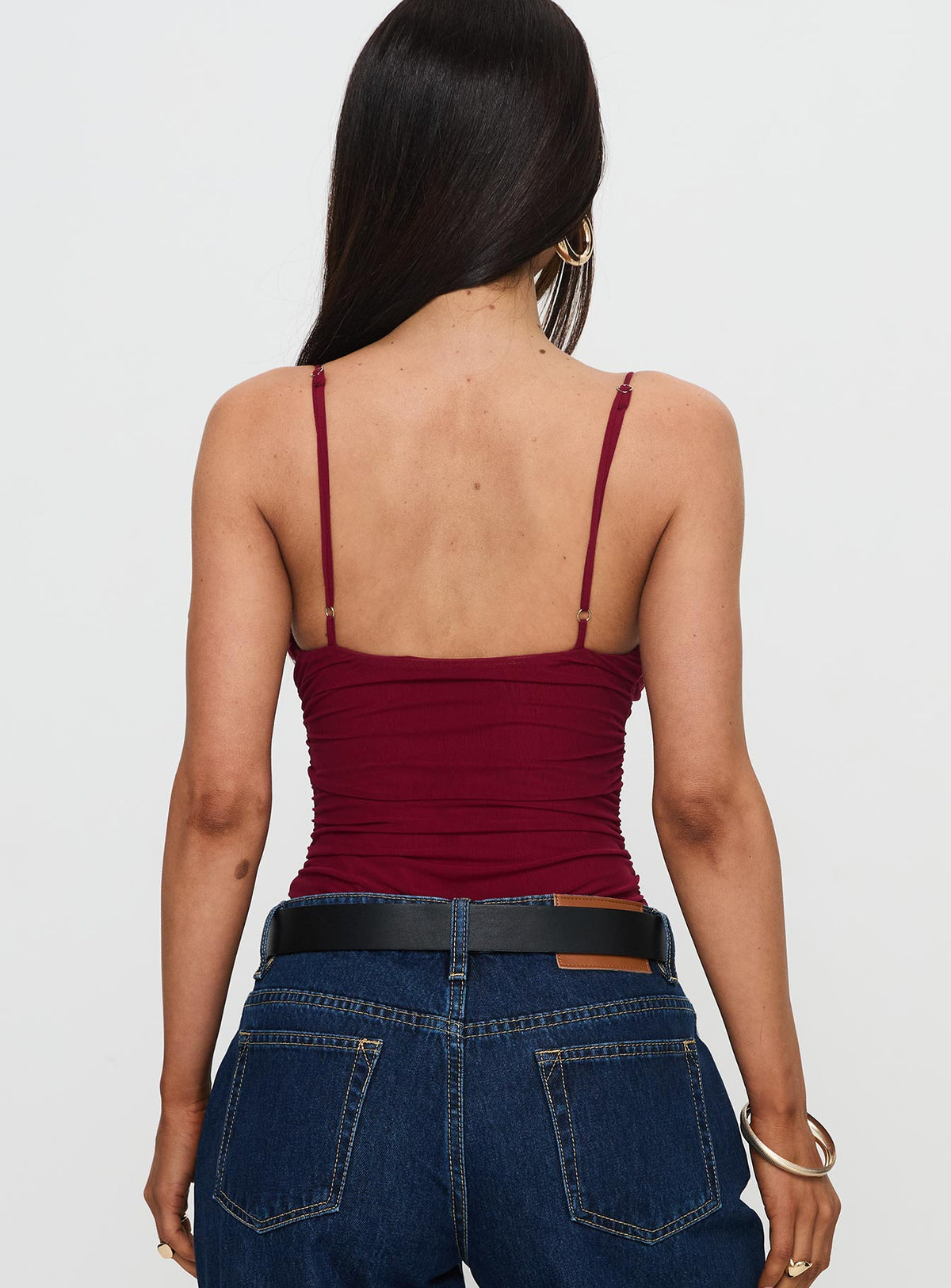 back view of model wearing Princess Polly Merril Bodysuit Maroon Sleeveless Bodysuit 