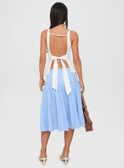 back view of model wearing Princess Polly Raelan Tiered Midi Skirt Blue Stripe Midi Skirts Skirts 