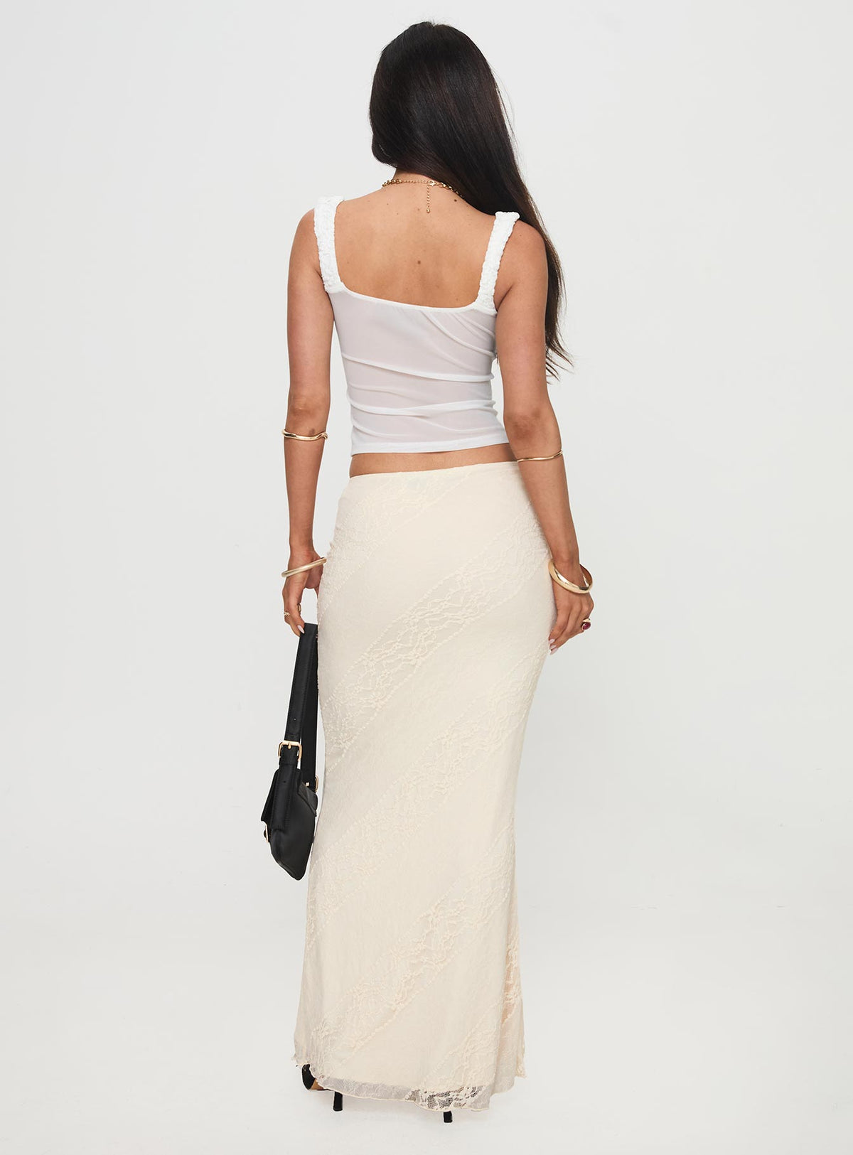 back view of model wearing Princess Polly Gazet Maxi Skirt Cream Maxi Skirts Skirts 