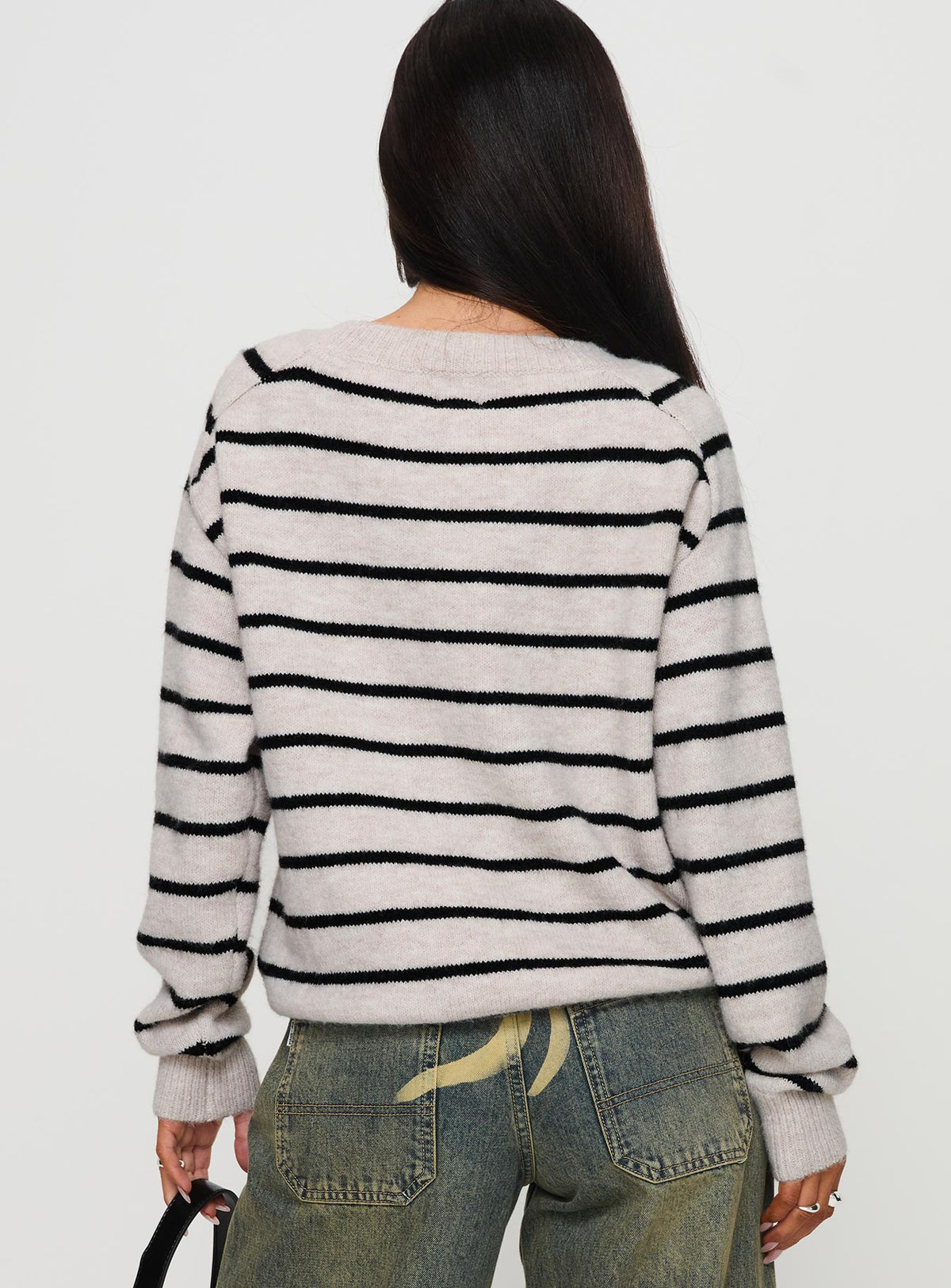 back view of model wearing Princess Polly Souvenirs Knit Sweater Grey Stripe Jumpers 