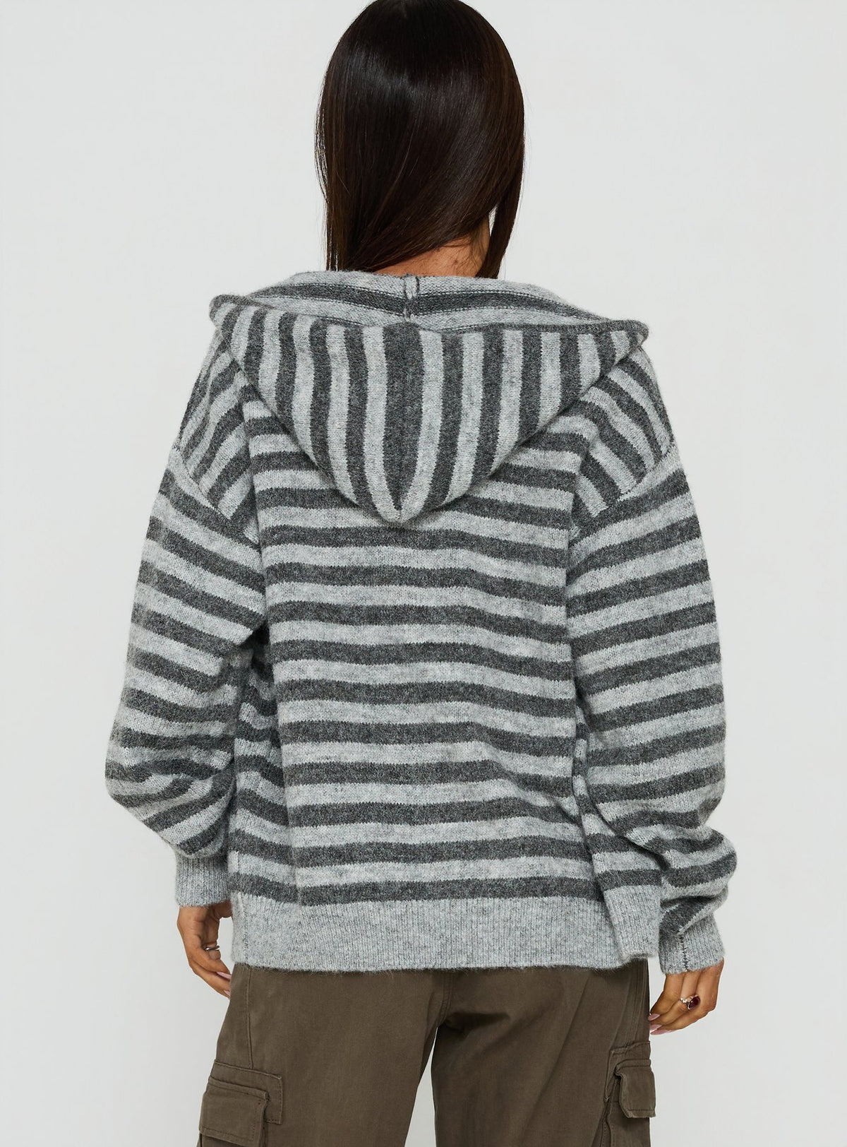 Explore the Aubry Oversized True Knit Hoodie in Grey Stripe, a short length womens jumper with an oversized fit and hood back view of model wearing Princess Polly