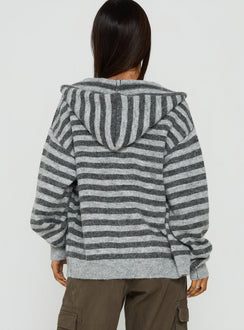 Explore the Aubry Oversized True Knit Hoodie in Grey Stripe, a short length womens jumper with an oversized fit and hood back view of model wearing Princess Polly