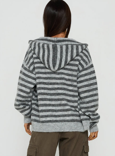 Explore the Aubry Oversized True Knit Hoodie in Grey Stripe, a short length womens jumper with an oversized fit and hood back view of model wearing Princess Polly