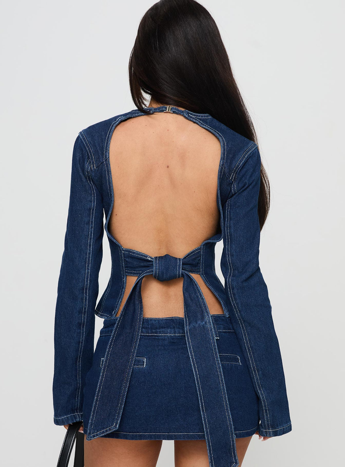 back view of model wearing Princess Polly Countryside Long Sleeve Top Denim Full Sleeves Crew Neck 