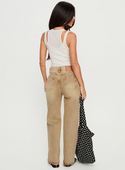 back view of model wearing Princess Polly Fawcett High Rise Straight Leg Jeans Tan High Rise Jeans Jeans 