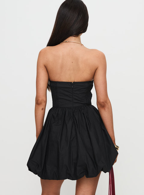 back view of model wearing Princess Polly Melaina Bubble Hem Mini Dress Black Sweetheart Neckline 