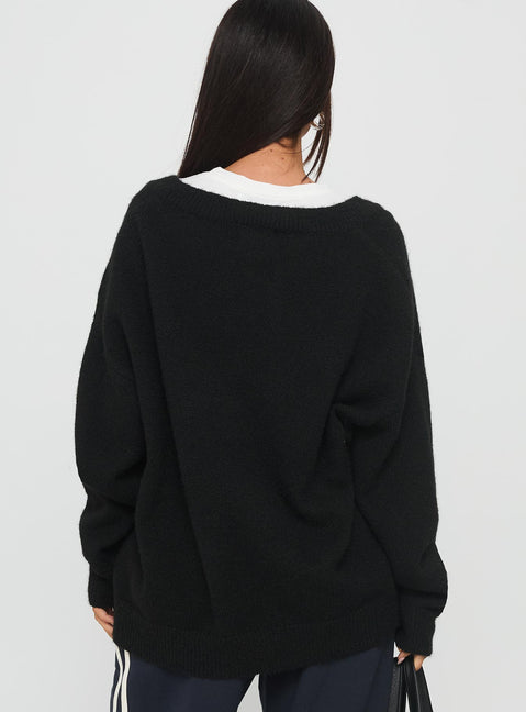 back view of model wearing Princess Polly Stay The Night V Neck Knit Sweater Black Jumpers 
