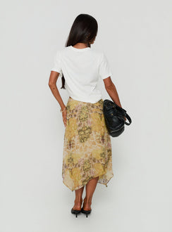 Presenting the Daphene Asymmetrical Midi Skirt Multi in womens-skirts with frayed hem and midi length back view of model wearing Princess Polly
